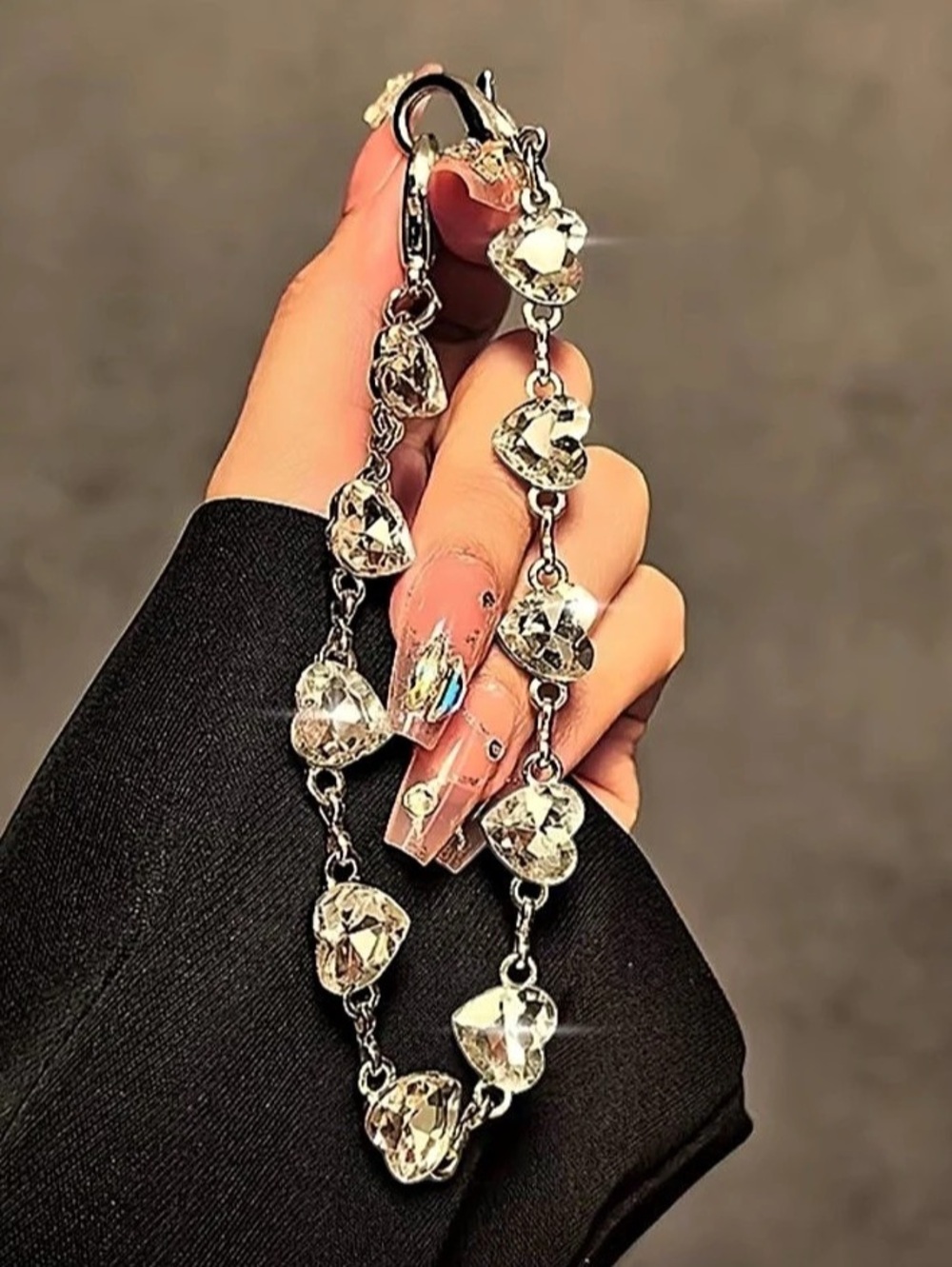 Crystal hearts Embellished silver phone braclet